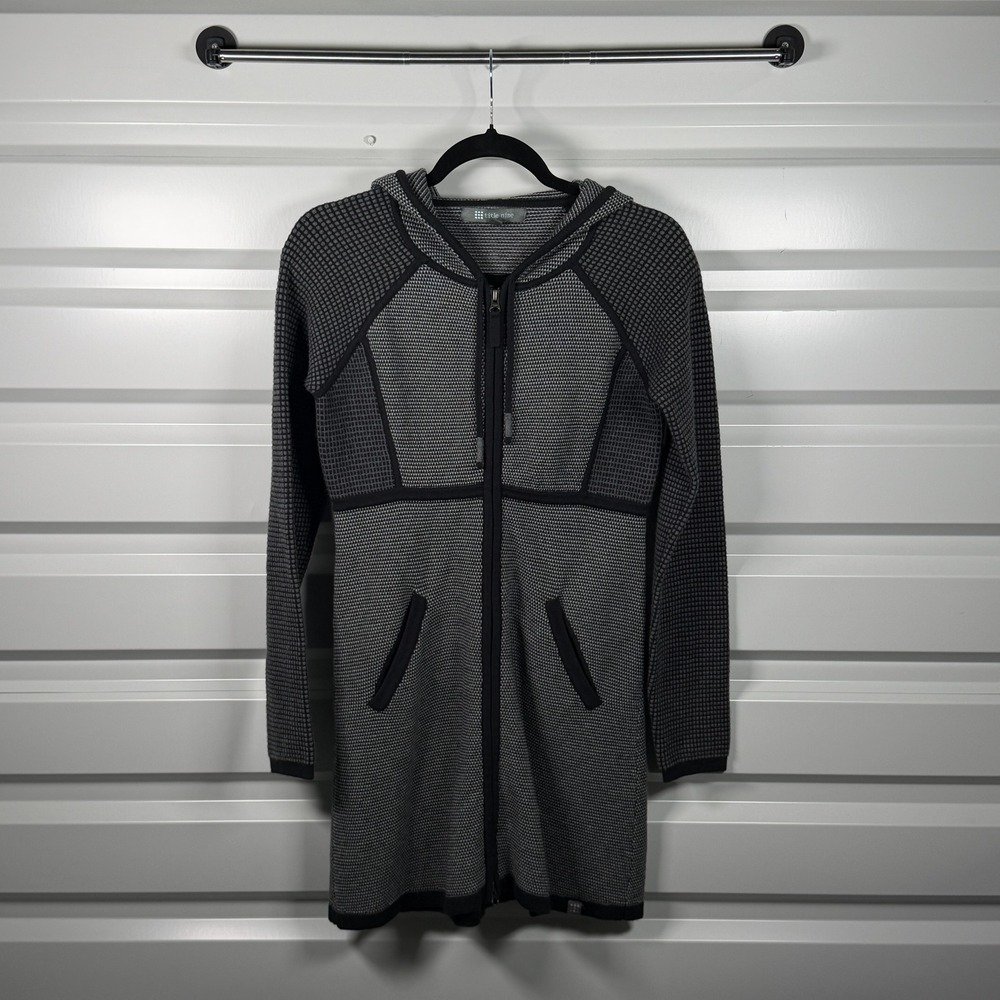 Title Nine Womens XS Gray Black Textured Longline Full Zip Hoodie Knit Jacket